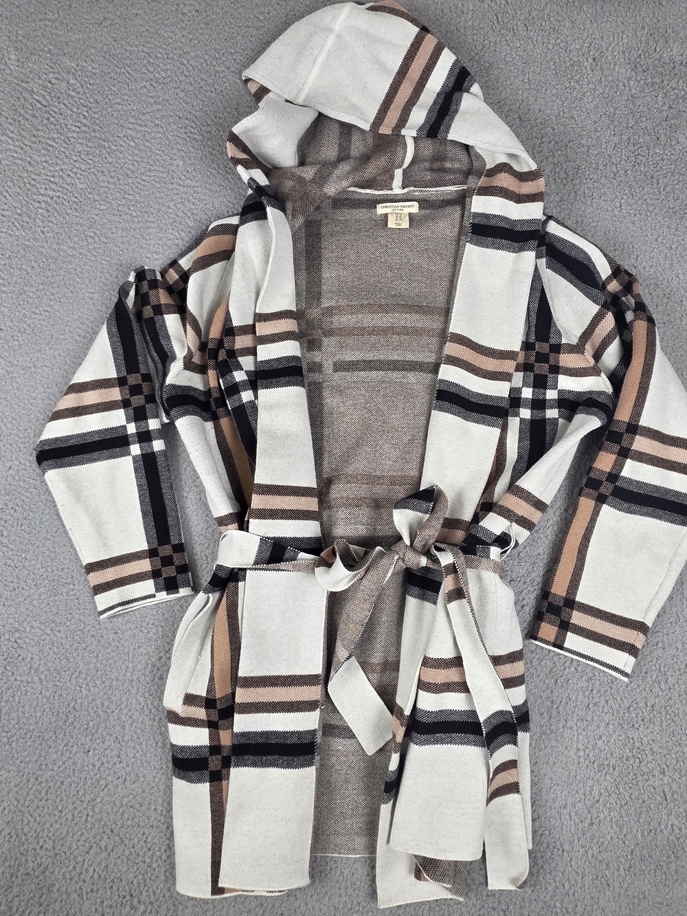 Christian Siriano NY Hooded Cardigan Pockets Tie Belt Tartan Plaid Tan Black 1X